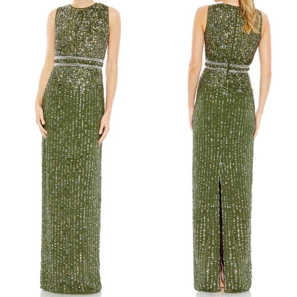 MAC DUGGAL 93603 SEQUINED HIGH NECK SLEEVELESS COLUMN GOWN‎ olive green sz 8 - Picture 3 of 14